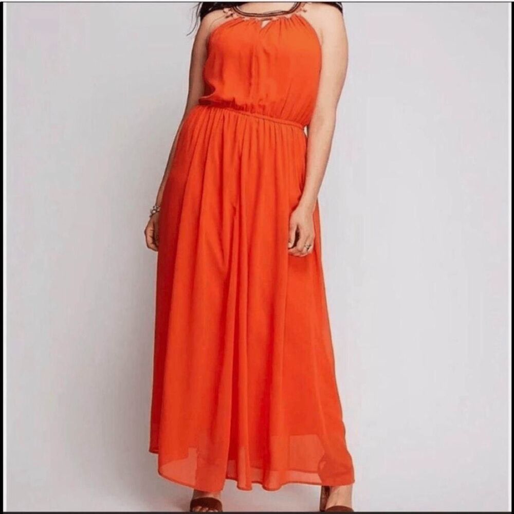 Lane Bryant Maxi Dress Size 14 Orange Chiffon Sleeveless Tassel Neckline 2016